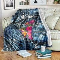 Yap Day Island Floral Tribal Heritage Blanket Micronesian Hibiscus Pattern Polynesian Tattoo Blue Art