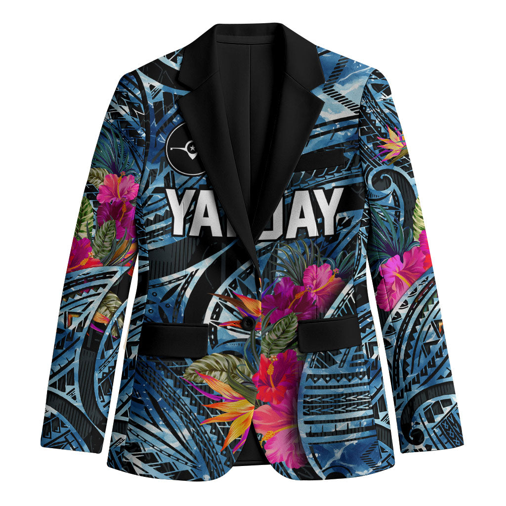 Yap Day Island Floral Tribal Heritage Blazer Micronesian Hibiscus Pattern Polynesian Tattoo Blue Art TS04 Unisex Black Blue - Polynesian Pride