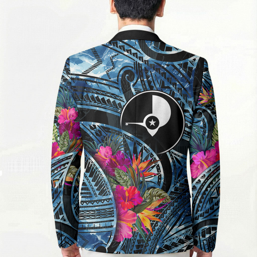 Yap Day Island Floral Tribal Heritage Blazer Micronesian Hibiscus Pattern Polynesian Tattoo Blue Art
