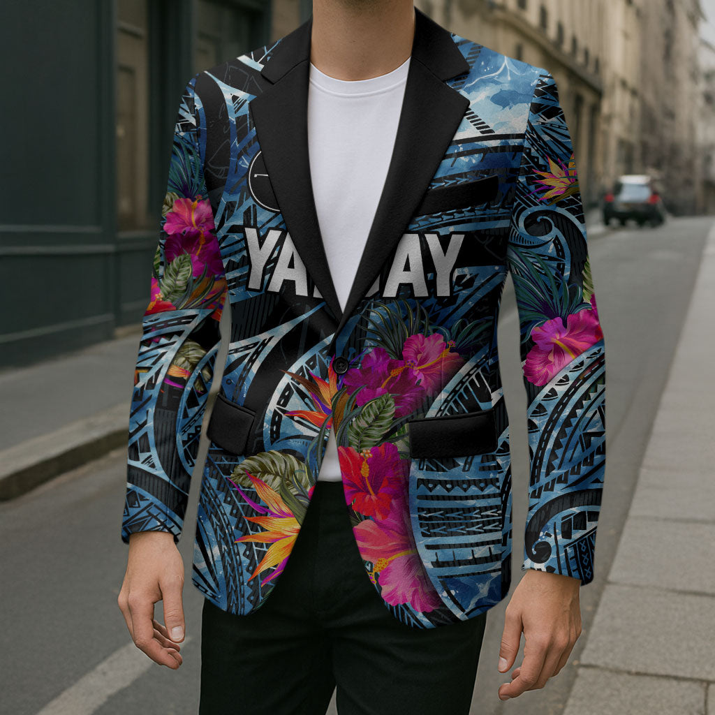 Yap Day Island Floral Tribal Heritage Blazer Micronesian Hibiscus Pattern Polynesian Tattoo Blue Art