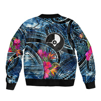 Yap Day Island Floral Tribal Heritage Bomber Jacket Micronesian Hibiscus Pattern Polynesian Tattoo Blue Art