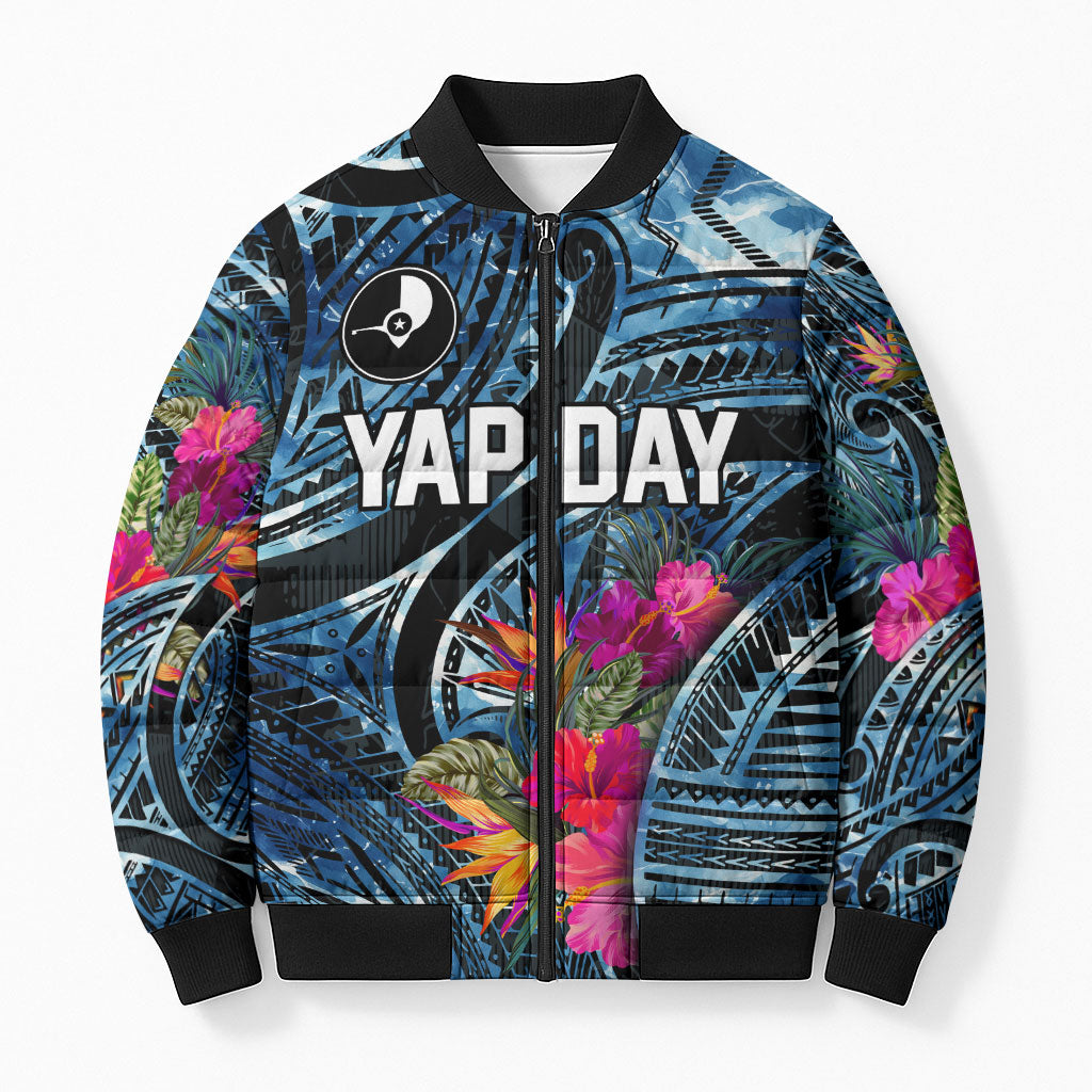 Yap Day Island Floral Tribal Heritage Bomber Puffer Jacket Micronesian Hibiscus Pattern Polynesian Tattoo Blue Art