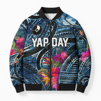Yap Day Island Floral Tribal Heritage Bomber Puffer Jacket Micronesian Hibiscus Pattern Polynesian Tattoo Blue Art