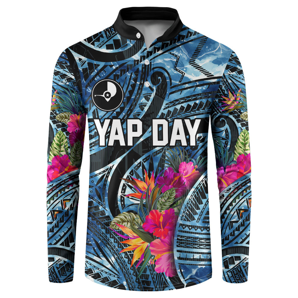Yap Day Island Floral Tribal Heritage Button Sweatshirt Micronesian Hibiscus Pattern Polynesian Tattoo Blue Art TS04 Black Blue - Polynesian Pride