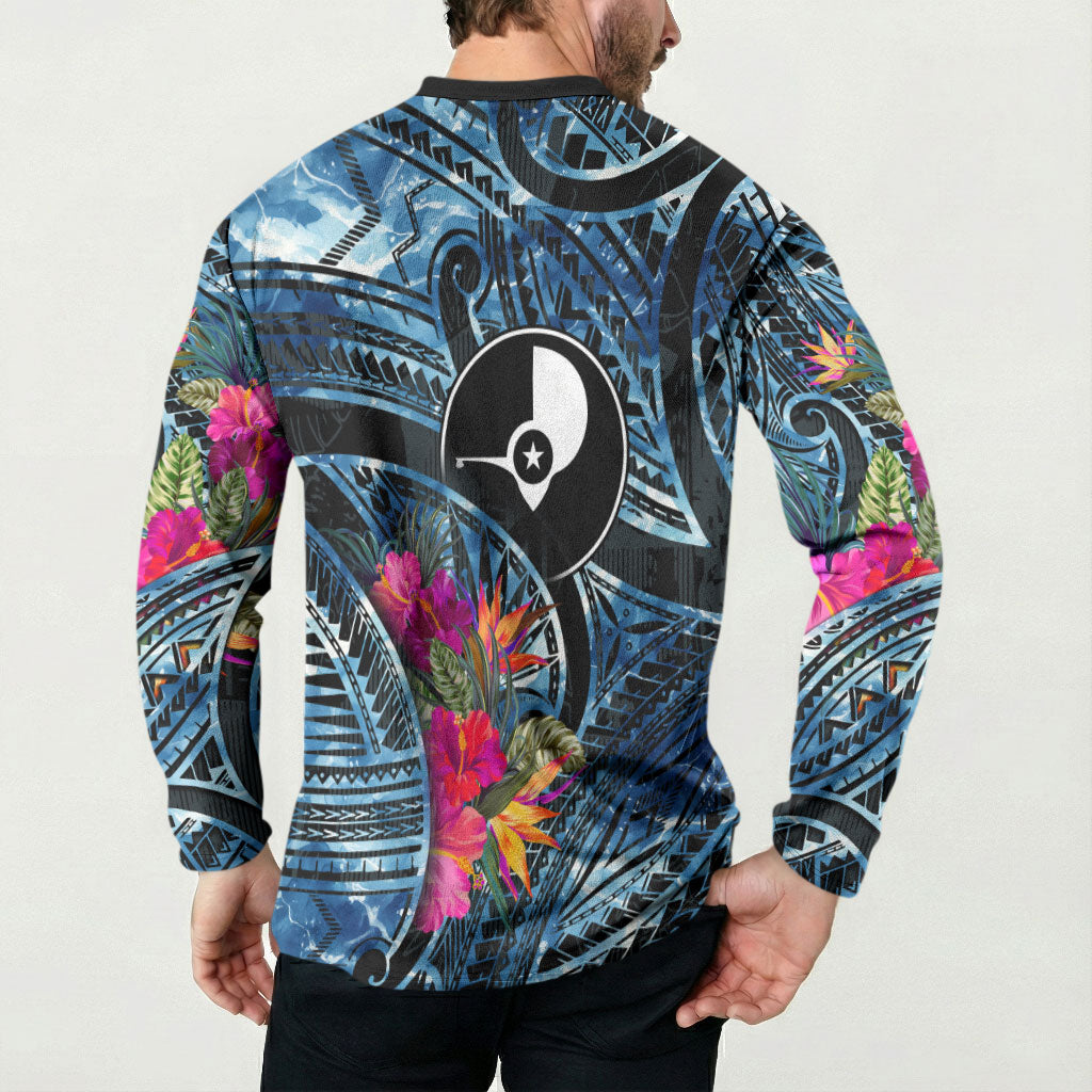 Yap Day Island Floral Tribal Heritage Button Sweatshirt Micronesian Hibiscus Pattern Polynesian Tattoo Blue Art