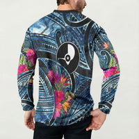 Yap Day Island Floral Tribal Heritage Button Sweatshirt Micronesian Hibiscus Pattern Polynesian Tattoo Blue Art