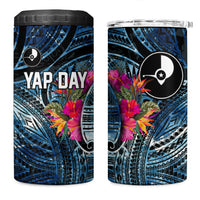 Yap Day Island Floral Tribal Heritage 4 in 1 Can Cooler Tumbler Micronesian Hibiscus Pattern Polynesian Tattoo Blue Art