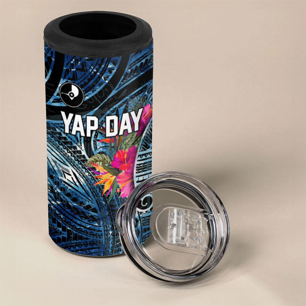 Yap Day Island Floral Tribal Heritage 4 in 1 Can Cooler Tumbler Micronesian Hibiscus Pattern Polynesian Tattoo Blue Art