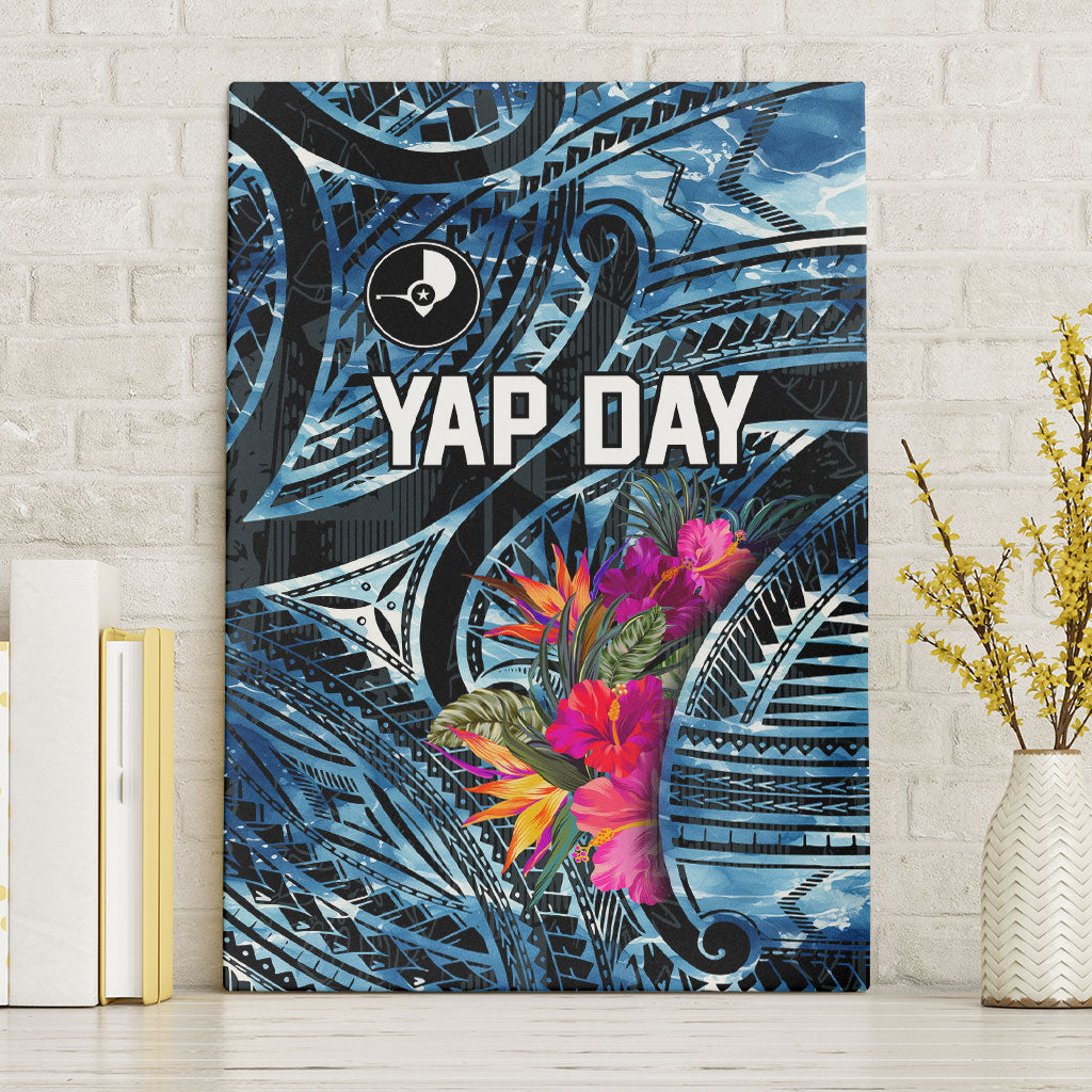 Yap Day Island Floral Tribal Heritage Canvas Wall Art Micronesian Hibiscus Pattern Polynesian Tattoo Blue Art TS04 Without Frame Black Blue - Polynesian Pride