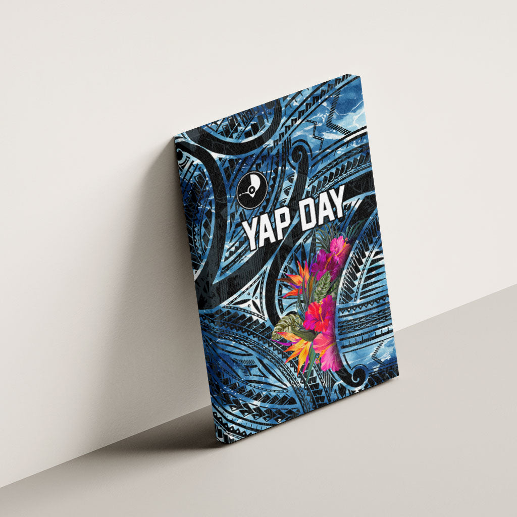 Yap Day Island Floral Tribal Heritage Canvas Wall Art Micronesian Hibiscus Pattern Polynesian Tattoo Blue Art