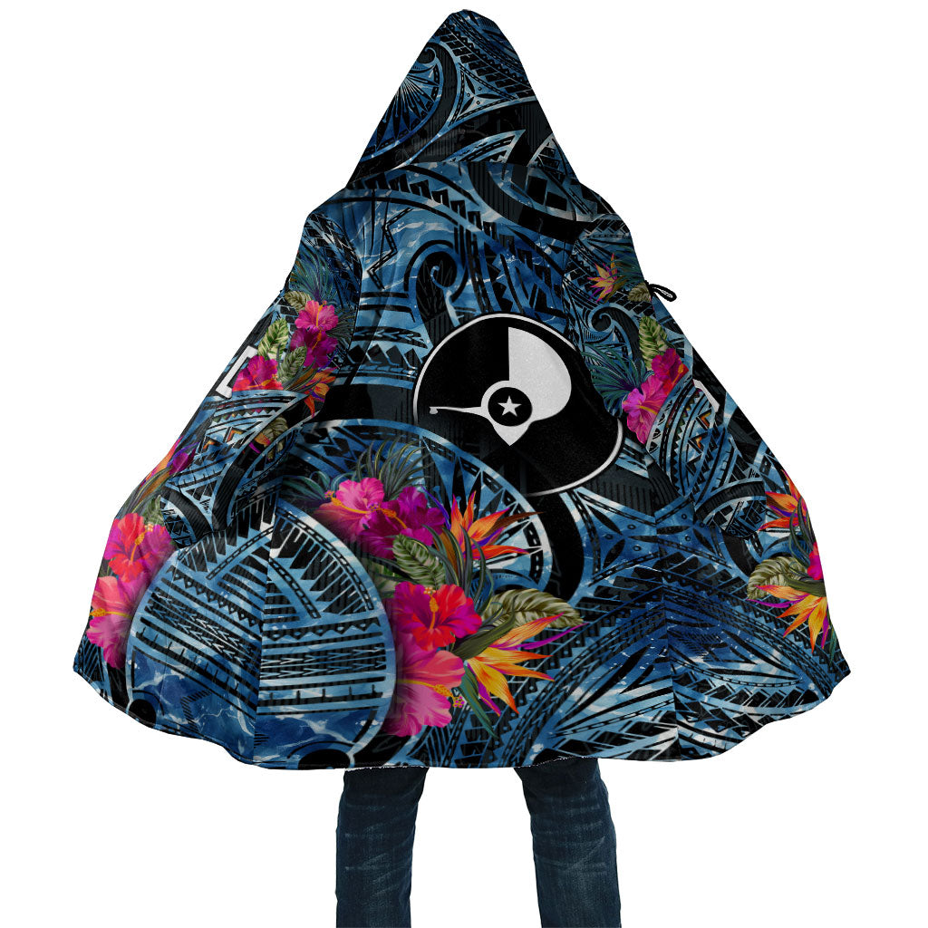 Yap Day Island Floral Tribal Heritage Cloak Micronesian Hibiscus Pattern Polynesian Tattoo Blue Art TS04 Unisex Black Blue - Polynesian Pride