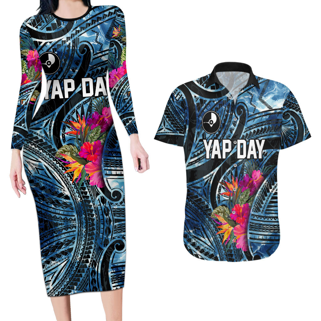 Yap Day Island Floral Tribal Heritage Couples Matching Long Sleeve Bodycon Dress and Hawaiian Shirt Micronesian Hibiscus Pattern Polynesian Tattoo Blue Art