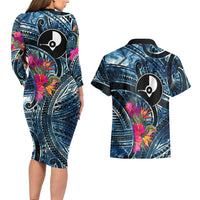 Yap Day Island Floral Tribal Heritage Couples Matching Long Sleeve Bodycon Dress and Hawaiian Shirt Micronesian Hibiscus Pattern Polynesian Tattoo Blue Art