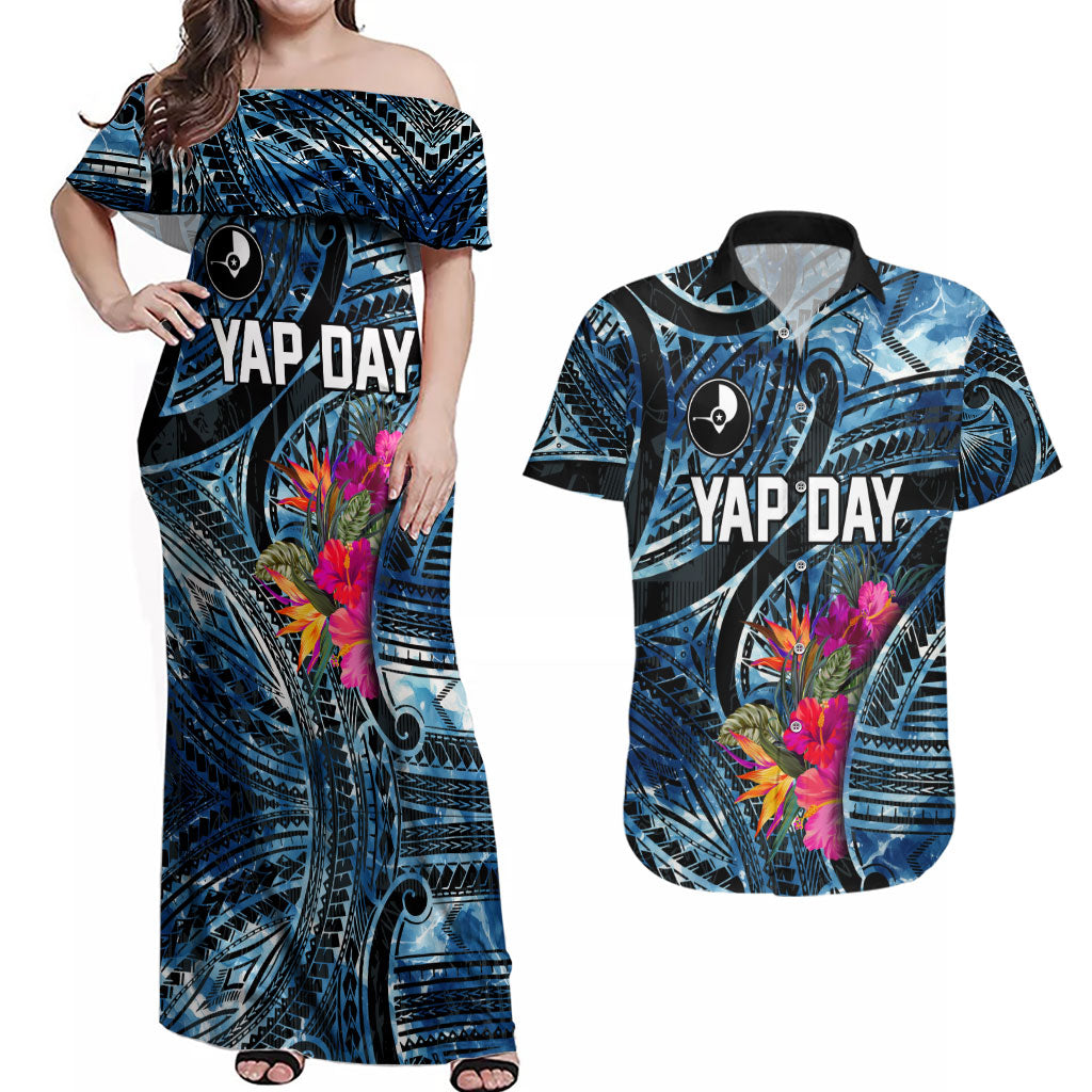 Yap Day Island Floral Tribal Heritage Couples Matching Off Shoulder Maxi Dress and Hawaiian Shirt Micronesian Hibiscus Pattern Polynesian Tattoo Blue Art