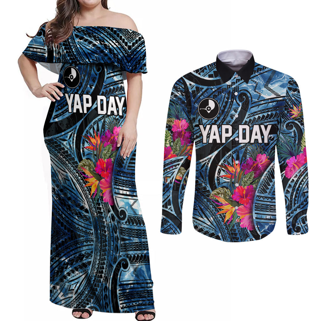 Yap Day Island Floral Tribal Heritage Couples Matching Off Shoulder Maxi Dress and Long Sleeve Button Shirt Micronesian Hibiscus Pattern Polynesian Tattoo Blue Art TS04 Black Blue - Polynesian Pride