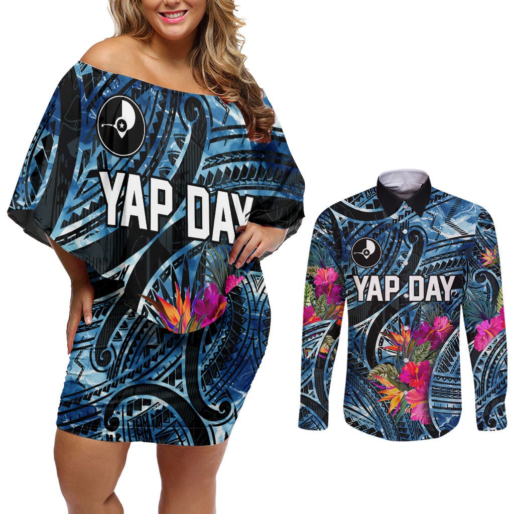 Yap Day Island Floral Tribal Heritage Couples Matching Off Shoulder Short Dress and Long Sleeve Button Shirt Micronesian Hibiscus Pattern Polynesian Tattoo Blue Art TS04 Black Blue - Polynesian Pride