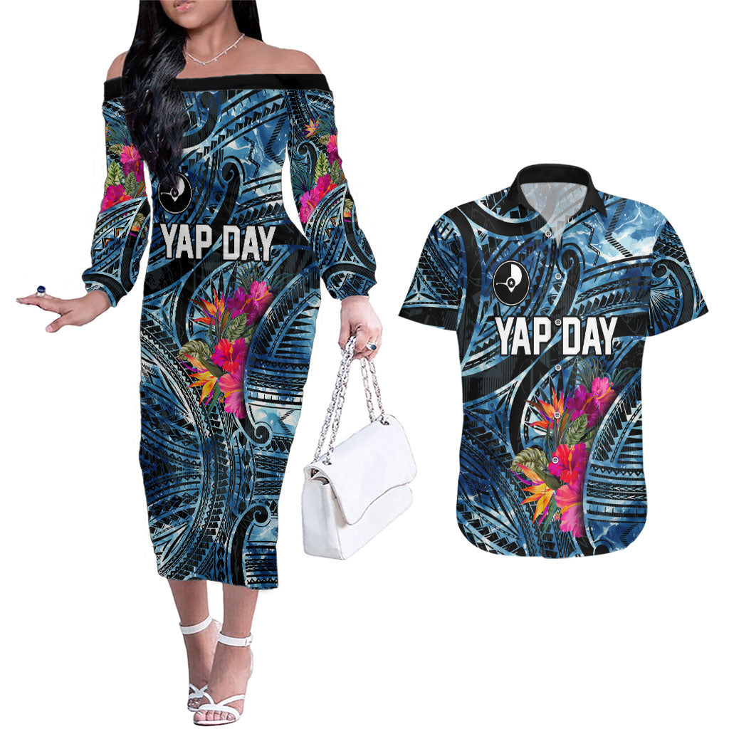 Yap Day Island Floral Tribal Heritage Couples Matching Off The Shoulder Long Sleeve Dress and Hawaiian Shirt Micronesian Hibiscus Pattern Polynesian Tattoo Blue Art TS04 Black Blue - Polynesian Pride