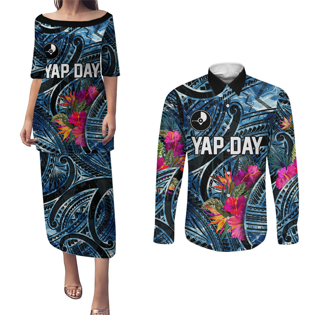 Yap Day Island Floral Tribal Heritage Couples Matching Puletasi and Long Sleeve Button Shirt Micronesian Hibiscus Pattern Polynesian Tattoo Blue Art TS04 Black Blue - Polynesian Pride