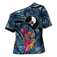 Yap Day Island Floral Tribal Heritage Cross Shoulder Shirt Micronesian Hibiscus Pattern Polynesian Tattoo Blue Art