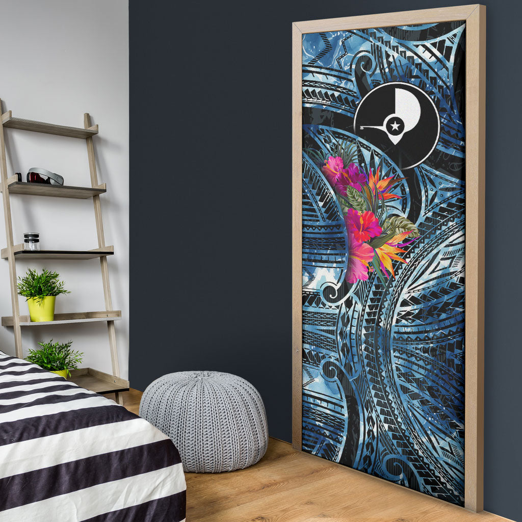 Yap Day Island Floral Tribal Heritage Door Cover Micronesian Hibiscus Pattern Polynesian Tattoo Blue Art