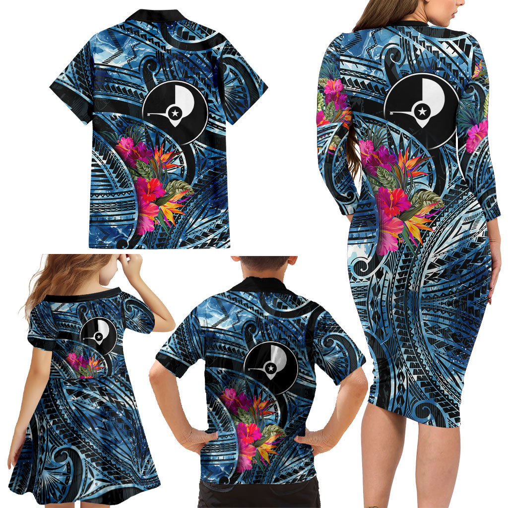 Yap Day Island Floral Tribal Heritage Family Matching Long Sleeve Bodycon Dress and Hawaiian Shirt Micronesian Hibiscus Pattern Polynesian Tattoo Blue Art