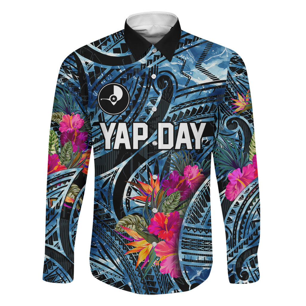 Yap Day Island Floral Tribal Heritage Family Matching Off The Shoulder Long Sleeve Dress and Hawaiian Shirt Micronesian Hibiscus Pattern Polynesian Tattoo Blue Art