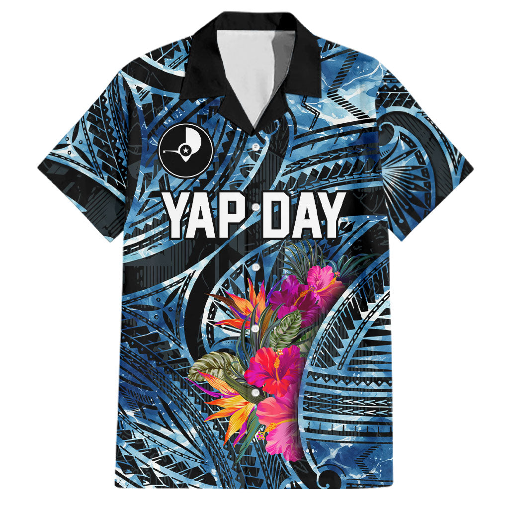 Yap Day Island Floral Tribal Heritage Family Matching Off Shoulder Maxi Dress and Hawaiian Shirt Micronesian Hibiscus Pattern Polynesian Tattoo Blue Art