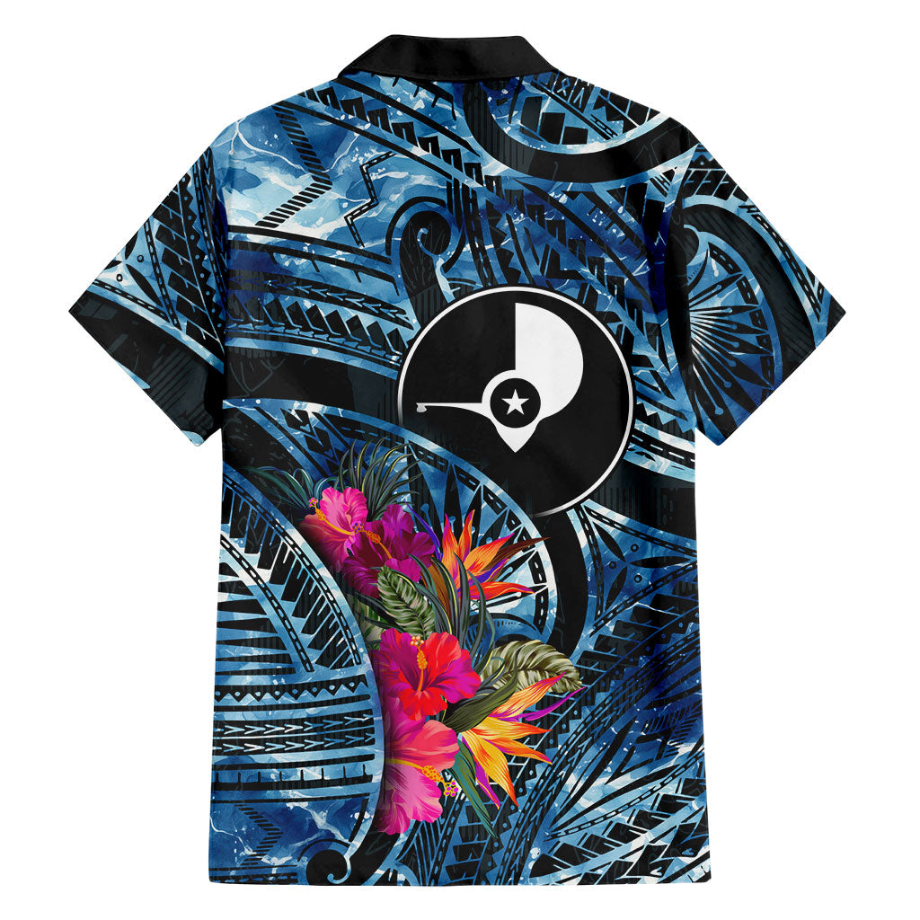 Yap Day Island Floral Tribal Heritage Family Matching Off Shoulder Maxi Dress and Hawaiian Shirt Micronesian Hibiscus Pattern Polynesian Tattoo Blue Art