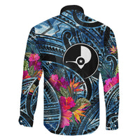 Yap Day Island Floral Tribal Heritage Family Matching Off Shoulder Maxi Dress and Hawaiian Shirt Micronesian Hibiscus Pattern Polynesian Tattoo Blue Art