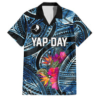 Yap Day Island Floral Tribal Heritage Family Matching Off Shoulder Short Dress and Hawaiian Shirt Micronesian Hibiscus Pattern Polynesian Tattoo Blue Art