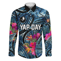 Yap Day Island Floral Tribal Heritage Family Matching Off Shoulder Short Dress and Hawaiian Shirt Micronesian Hibiscus Pattern Polynesian Tattoo Blue Art
