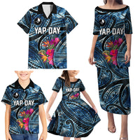 Yap Day Island Floral Tribal Heritage Family Matching Puletasi and Hawaiian Shirt Micronesian Hibiscus Pattern Polynesian Tattoo Blue Art TS04 - Polynesian Pride