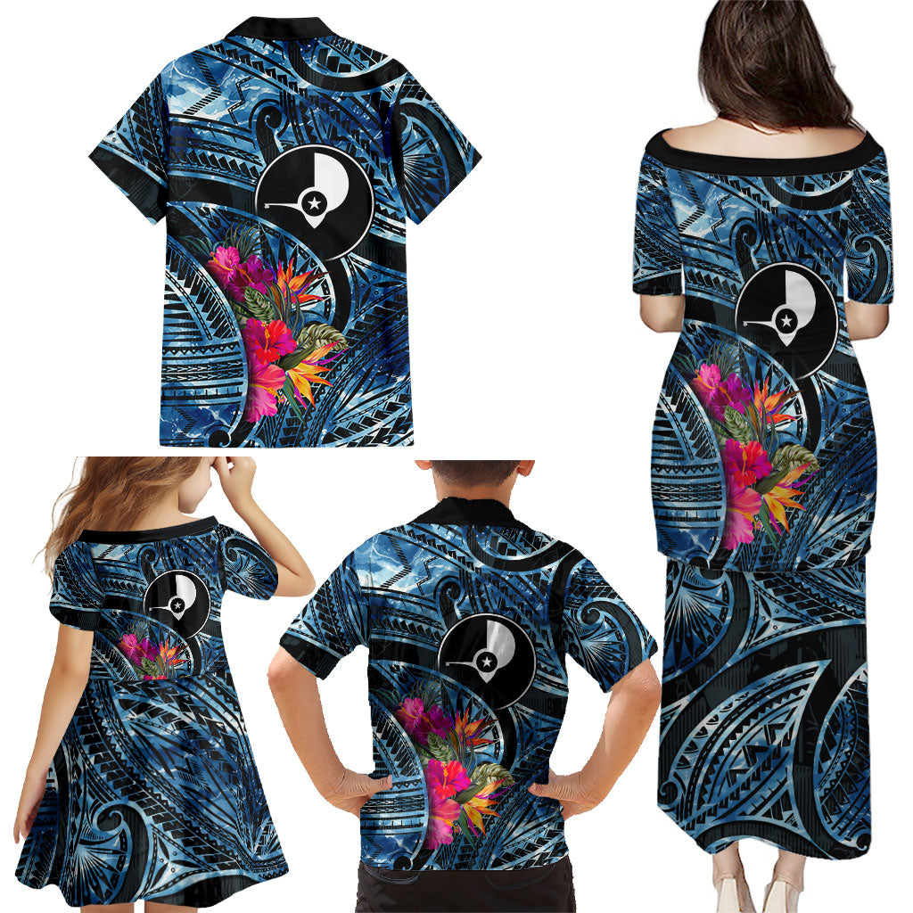 Yap Day Island Floral Tribal Heritage Family Matching Puletasi and Hawaiian Shirt Micronesian Hibiscus Pattern Polynesian Tattoo Blue Art TS04 - Polynesian Pride
