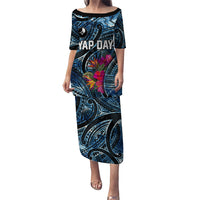 Yap Day Island Floral Tribal Heritage Family Matching Puletasi and Hawaiian Shirt Micronesian Hibiscus Pattern Polynesian Tattoo Blue Art TS04 Mom's Dress Black Blue - Polynesian Pride