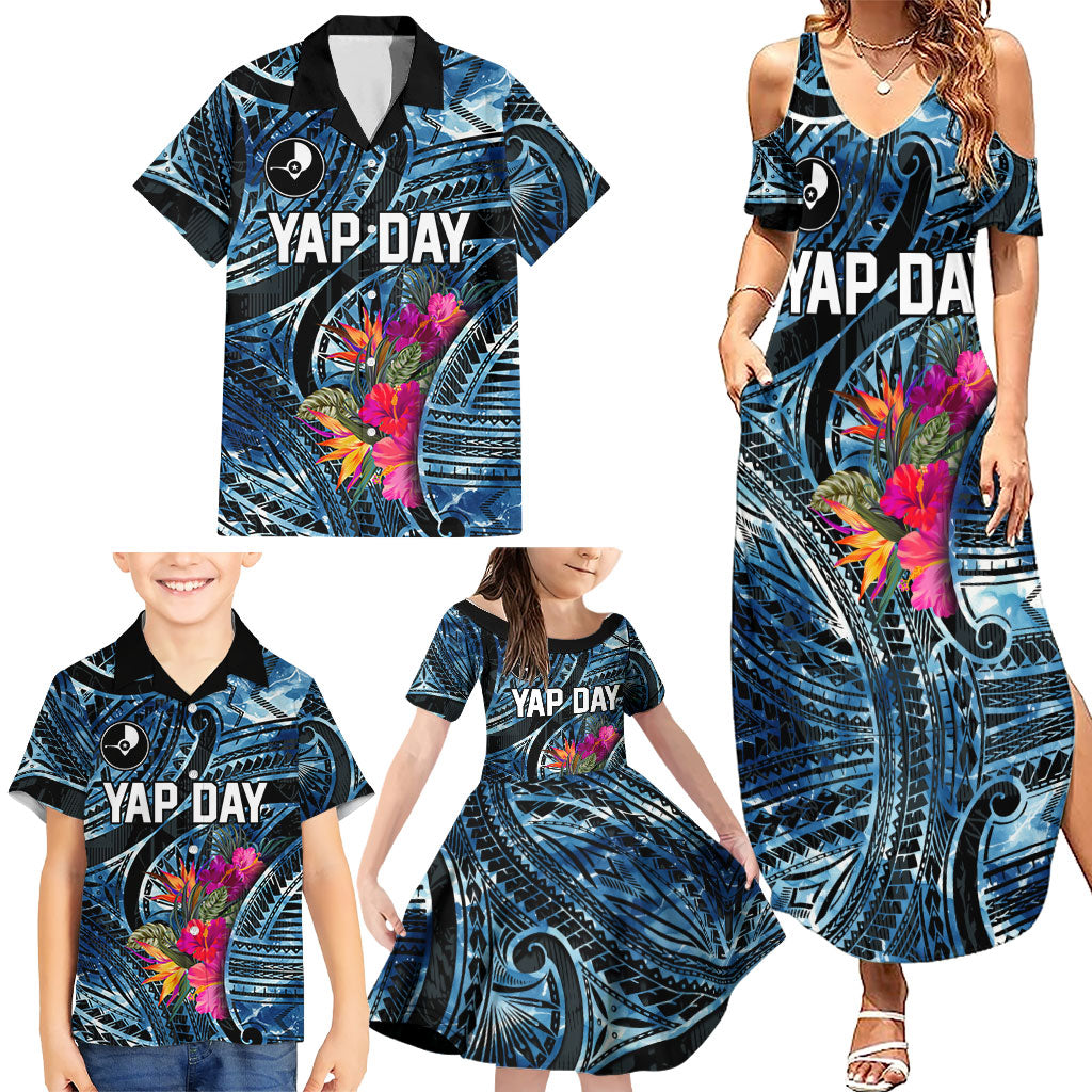 Yap Day Island Floral Tribal Heritage Family Matching Summer Maxi Dress and Hawaiian Shirt Micronesian Hibiscus Pattern Polynesian Tattoo Blue Art