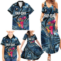 Yap Day Island Floral Tribal Heritage Family Matching Summer Maxi Dress and Hawaiian Shirt Micronesian Hibiscus Pattern Polynesian Tattoo Blue Art
