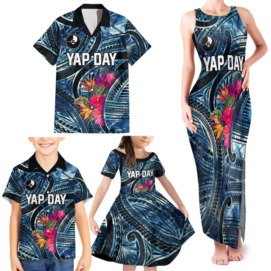 Yap Day Island Floral Tribal Heritage Family Matching Tank Maxi Dress and Hawaiian Shirt Micronesian Hibiscus Pattern Polynesian Tattoo Blue Art TS04 - Polynesian Pride