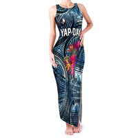 Yap Day Island Floral Tribal Heritage Family Matching Tank Maxi Dress and Hawaiian Shirt Micronesian Hibiscus Pattern Polynesian Tattoo Blue Art TS04 Mom's Dress Black Blue - Polynesian Pride