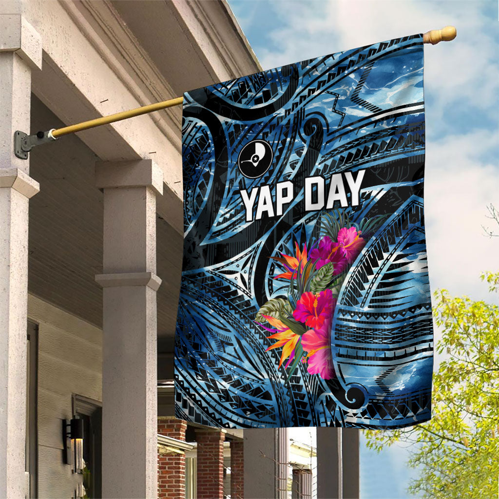 Yap Day Island Floral Tribal Heritage Garden Flag Micronesian Hibiscus Pattern Polynesian Tattoo Blue Art