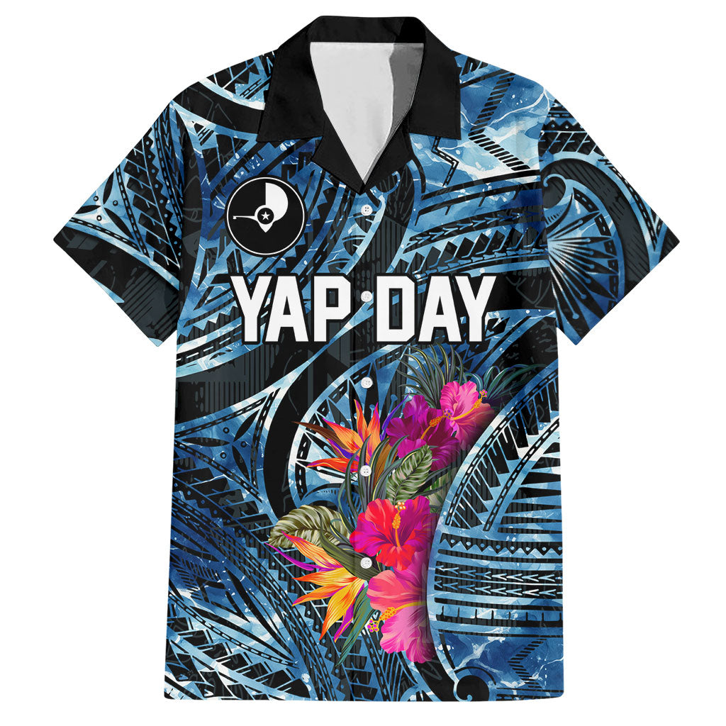 Yap Day Island Floral Tribal Heritage Hawaiian Shirt Micronesian Hibiscus Pattern Polynesian Tattoo Blue Art