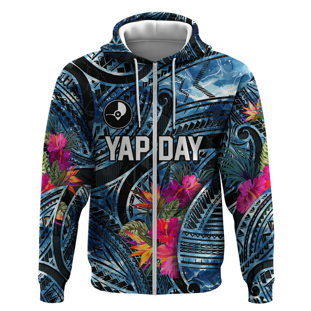Yap Day Island Floral Tribal Heritage Hoodie Micronesian Hibiscus Pattern Polynesian Tattoo Blue Art