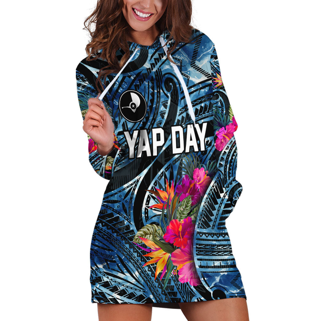 Yap Day Island Floral Tribal Heritage Hoodie Dress Micronesian Hibiscus Pattern Polynesian Tattoo Blue Art