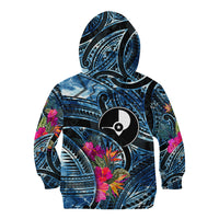 Yap Day Island Floral Tribal Heritage Kid Hoodie Micronesian Hibiscus Pattern Polynesian Tattoo Blue Art