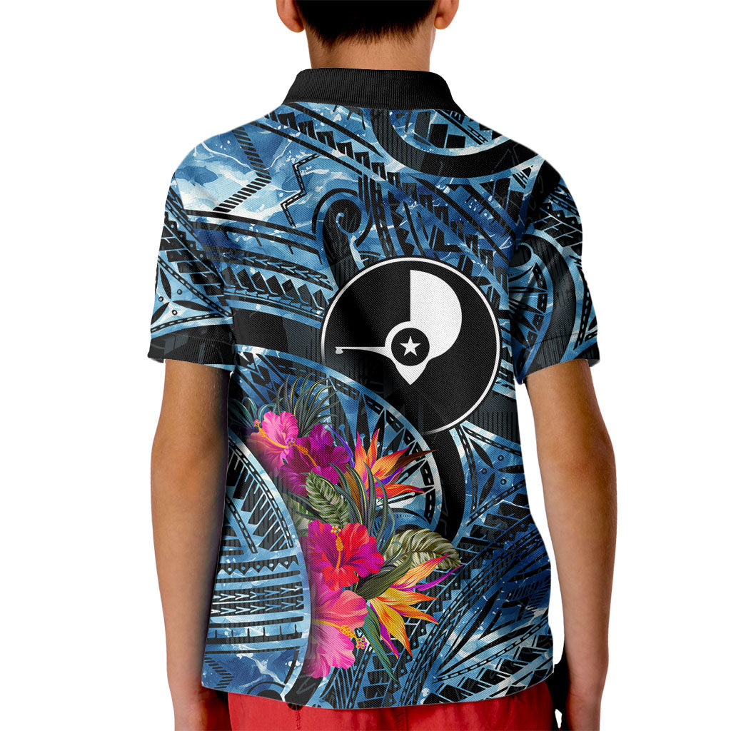 Yap Day Island Floral Tribal Heritage Kid Polo Shirt Micronesian Hibiscus Pattern Polynesian Tattoo Blue Art