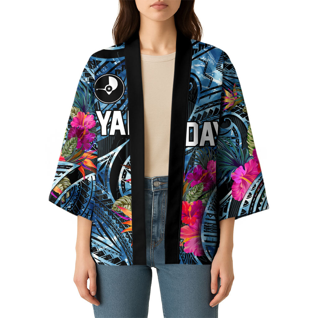 Yap Day Island Floral Tribal Heritage Kimono Micronesian Hibiscus Pattern Polynesian Tattoo Blue Art