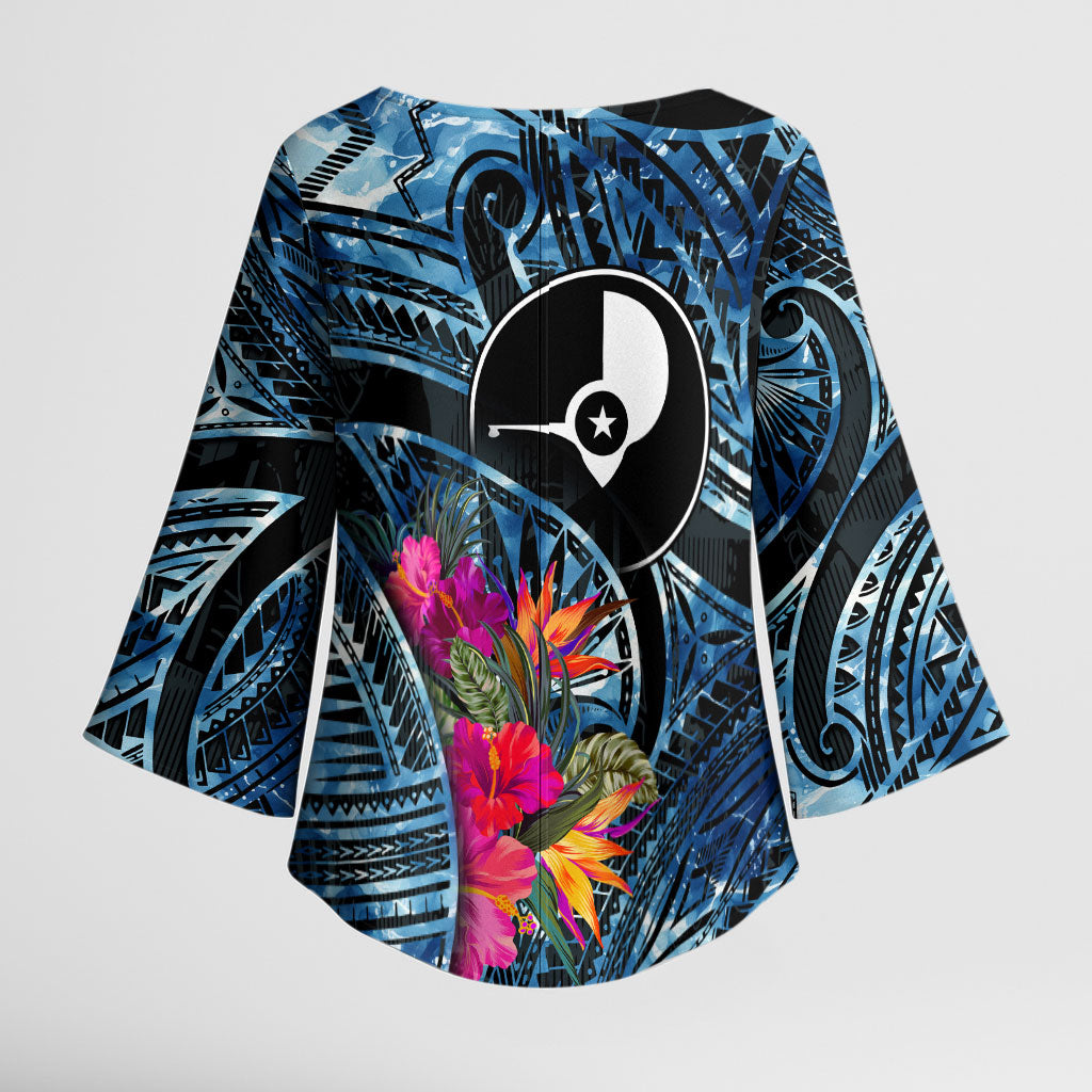 Yap Day Island Floral Tribal Heritage Kimono Sleeve Blouse Micronesian Hibiscus Pattern Polynesian Tattoo Blue Art