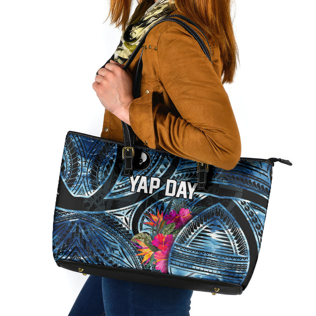 Yap Day Island Floral Tribal Heritage Leather Tote Bag Micronesian Hibiscus Pattern Polynesian Tattoo Blue Art