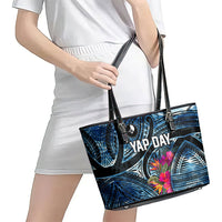 Yap Day Island Floral Tribal Heritage Leather Tote Bag Micronesian Hibiscus Pattern Polynesian Tattoo Blue Art