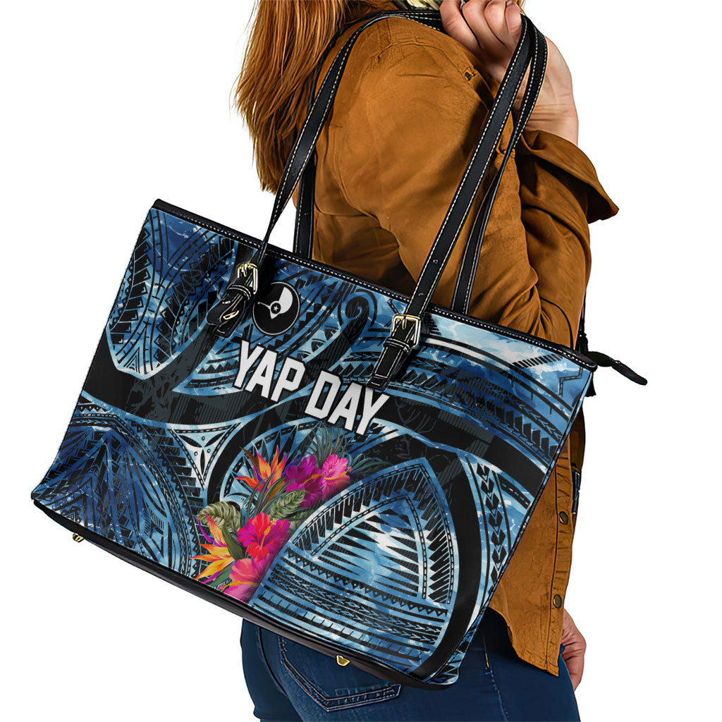 Yap Day Island Floral Tribal Heritage Leather Tote Bag Micronesian Hibiscus Pattern Polynesian Tattoo Blue Art