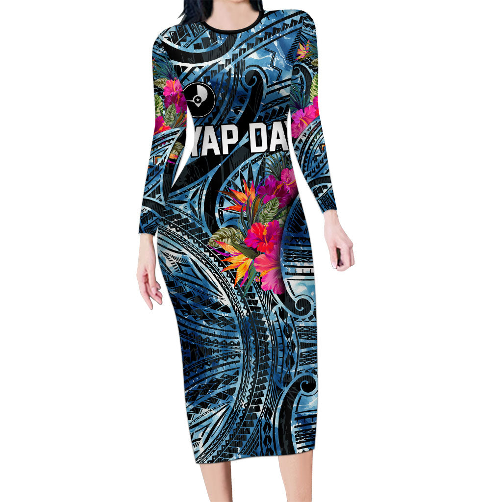 Yap Day Island Floral Tribal Heritage Long Sleeve Bodycon Dress Micronesian Hibiscus Pattern Polynesian Tattoo Blue Art TS04 Long Dress Black Blue - Polynesian Pride